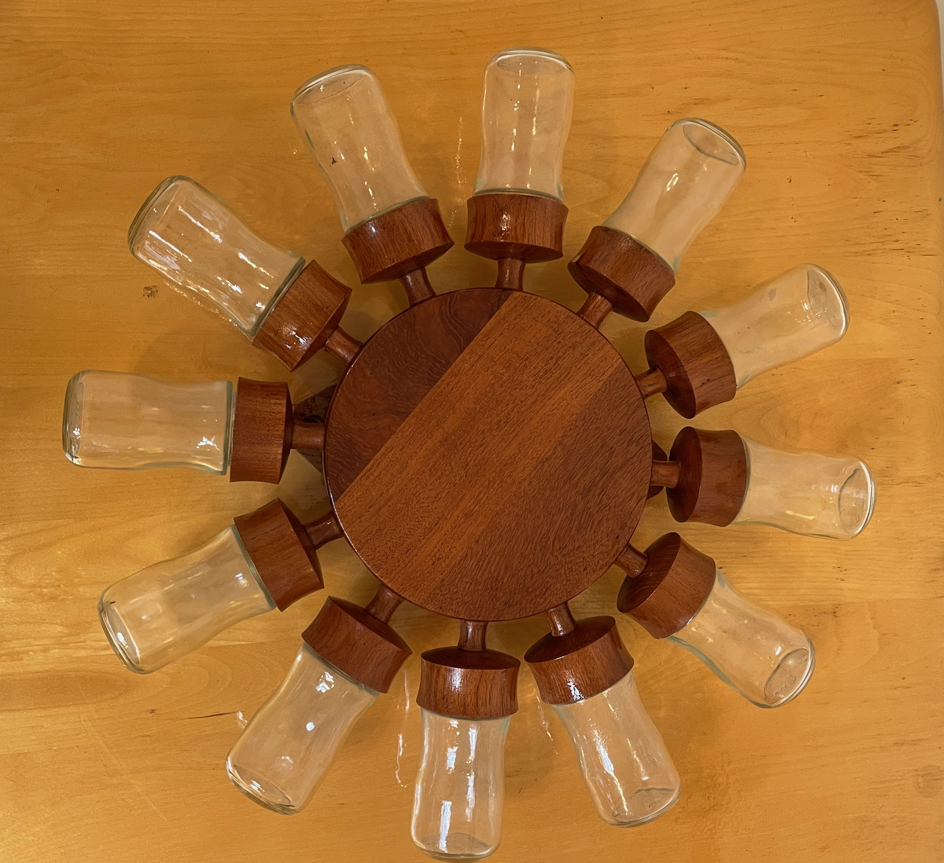 Midcentury Digsmed Danish Teak Spice Rack Wheel With 12 Glass Jars