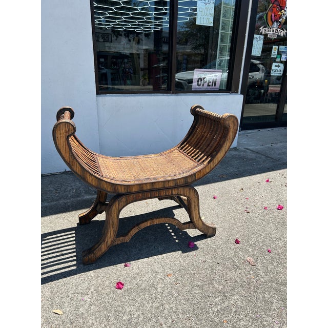 Traditional Vintage Rattan and Grasscloth Egyptian Style Bench. For Sale - Image 3 of 9