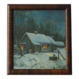 40s Cabin in Winter Snow Vintage 20th Century Lithograph For Sale