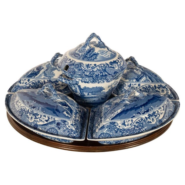 Blue Antique Copeland Spode Blue & White Porcelain "Italian" Pattern Lazy Susan 1890 For Sale - Image 8 of 17