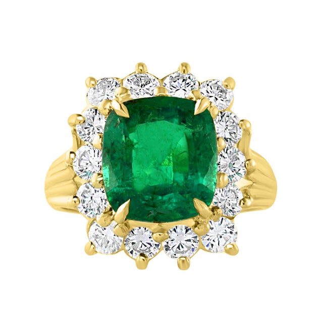 Early 20th Century AGL Certified 3.85 Ct Colombian Minor Traditional Emerald & Diamond Ring 18KYG, Size 8.75 For Sale - Image 4 of 18