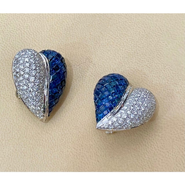 Gemstone Invisible Mystery Set Sapphire and Diamond Cocktail Earring 18 Karat Gold For Sale - Image 7 of 18