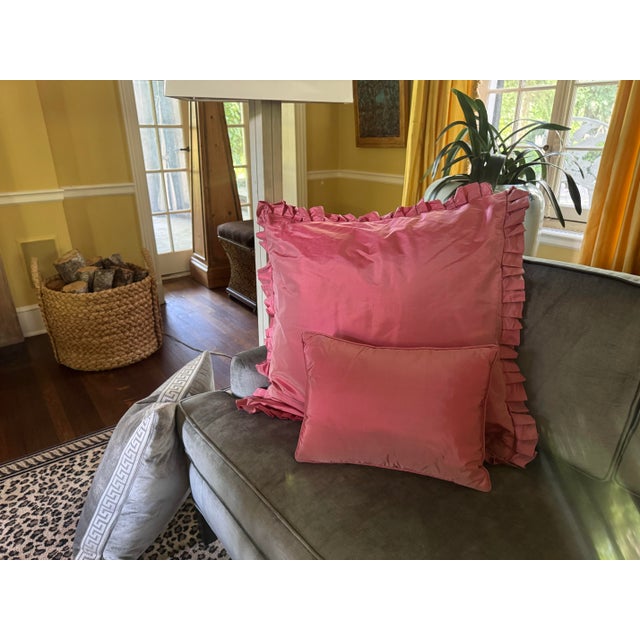 Silk Taffeta European Square in Rose With Coordinating Smaller Pillow For Sale In New York - Image 6 of 7