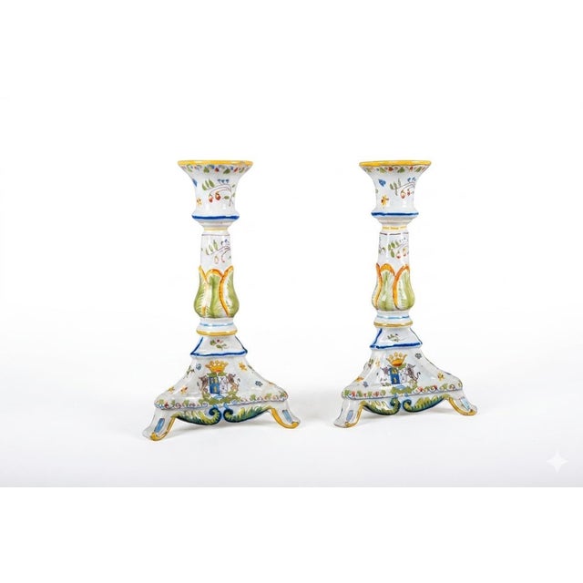 Hand-Painted Ceramic Candlesticks with Heraldic Floral Decoration, 1910s, Set of 2 For Sale - Image 12 of 12