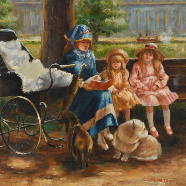 This Oil on Canvas of a Mother and Her Children at a Park is a beautifully nostalgic scene capturing the warmth of family...