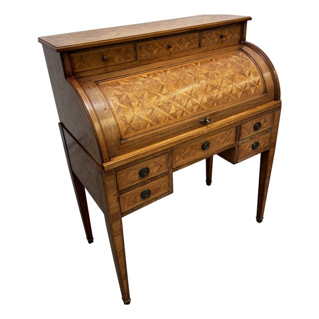 Louis XVI Style Marquetry Cylinder Secretaire with Frieze and Trellis Decoration, 1920s For Sale