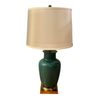 1970’s Vintage Ethan Allen Ceramic and Brass Ginger Jar Lamp in Teal For Sale