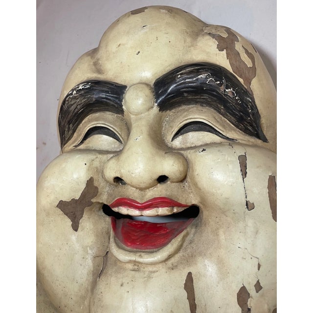 Huge Rare Antique Hand Carved Wood Chinese Hotei God Mask Wall Sculpture Face For Sale - Image 4 of 10