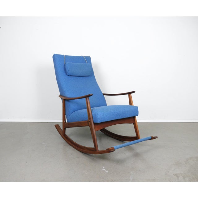 Teak Rocking Chair with Blue Fabric Cover, Denmark, 1960s For Sale - Image 11 of 18