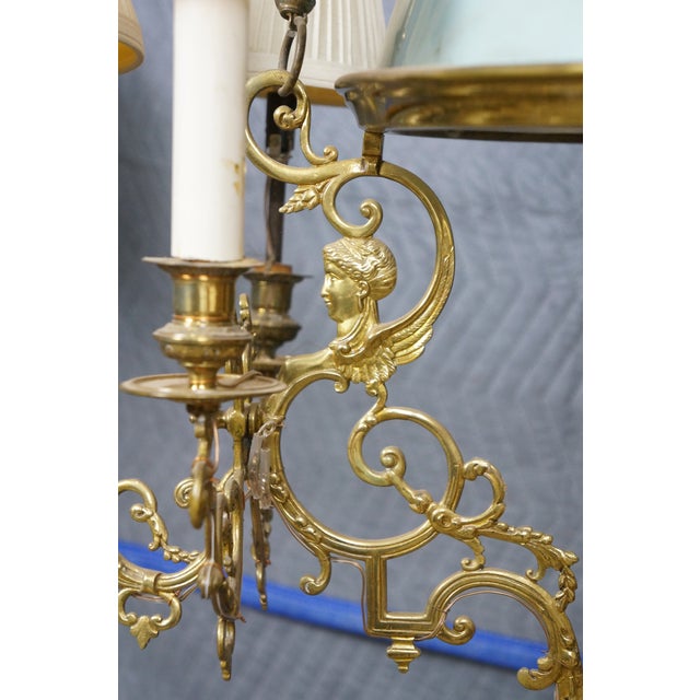Metal Antique French Brass Sphinx Celadon Glass Converted 9 Arm Oil Lamp Chandelier For Sale - Image 7 of 16