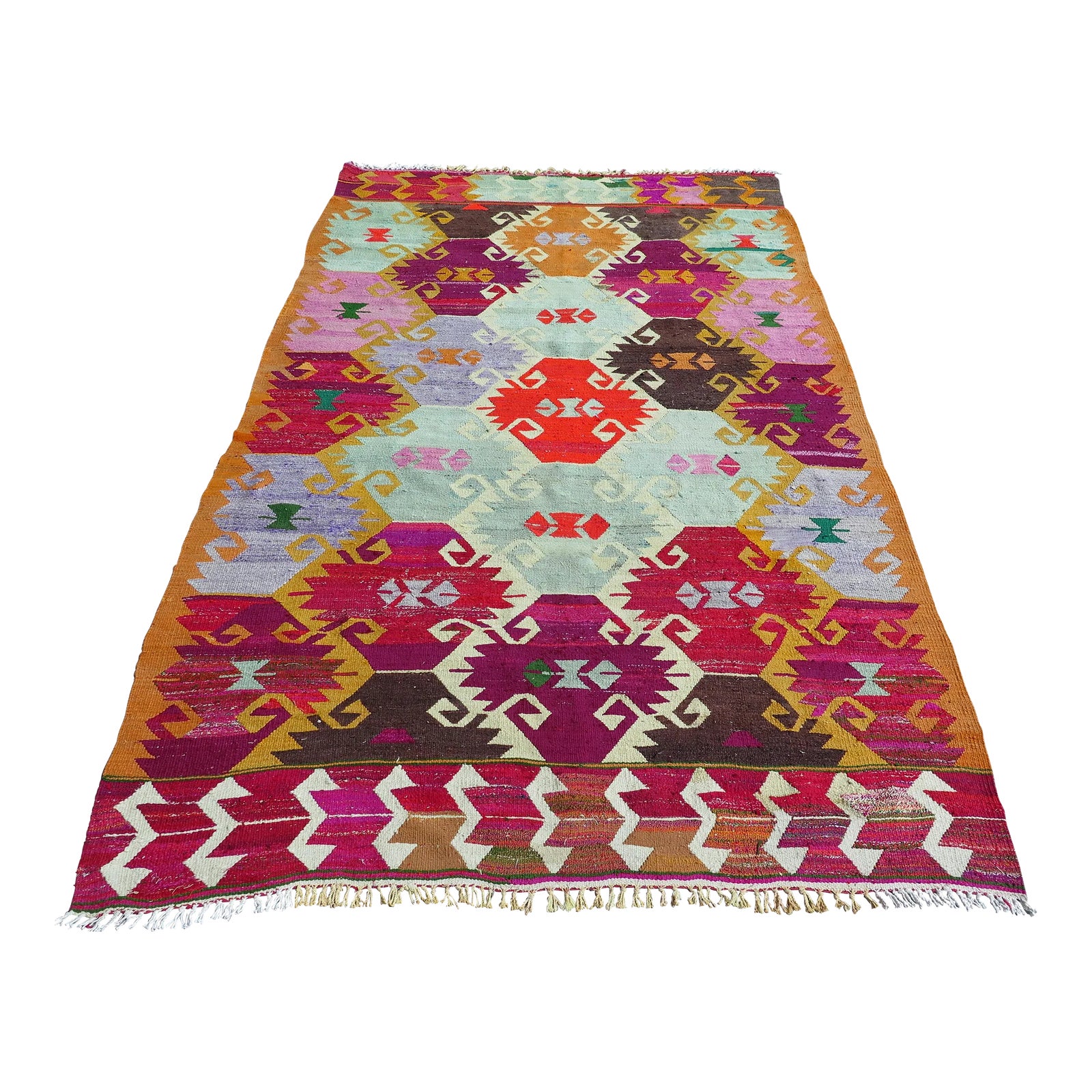 Mid 20th Century Vintage Multicolor Turkish Kilim Boho Area Rug | Chairish
