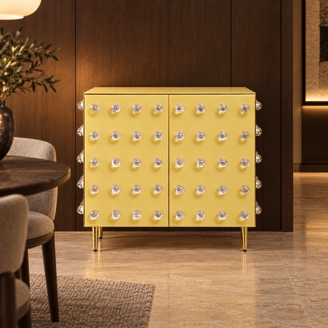 Butter Yellow 90-Sphere Murano Glass Cabinet with Brass Legs from Justfurnituress SRL For Sale - Image 6 of 9