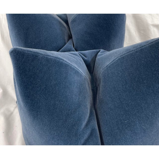 Custom pair of 22" pillows covered in Brunschwig & Fils "Bachelor Mohair" in blue. These pillows have tapered corners to...