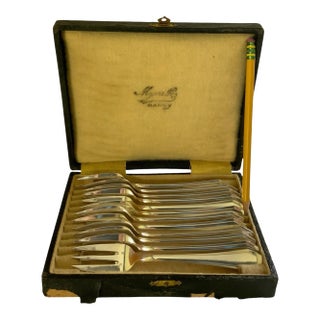 Antique Majorelle Nancy French Art Deco Boxed Pastry Set 12 Forks Silver Plate Made in France 1930s For Sale