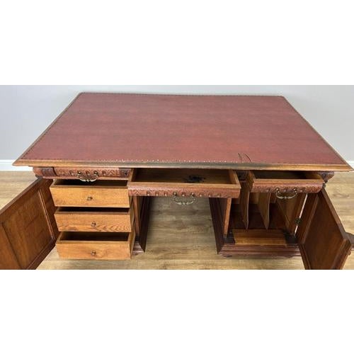 Antique French Style Oak Double Sided Carved Pedestal Desk For Sale - Image 6 of 18