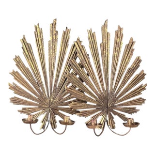 1970s A Pair of Wood Sunburst Form Wall Sconces For Sale