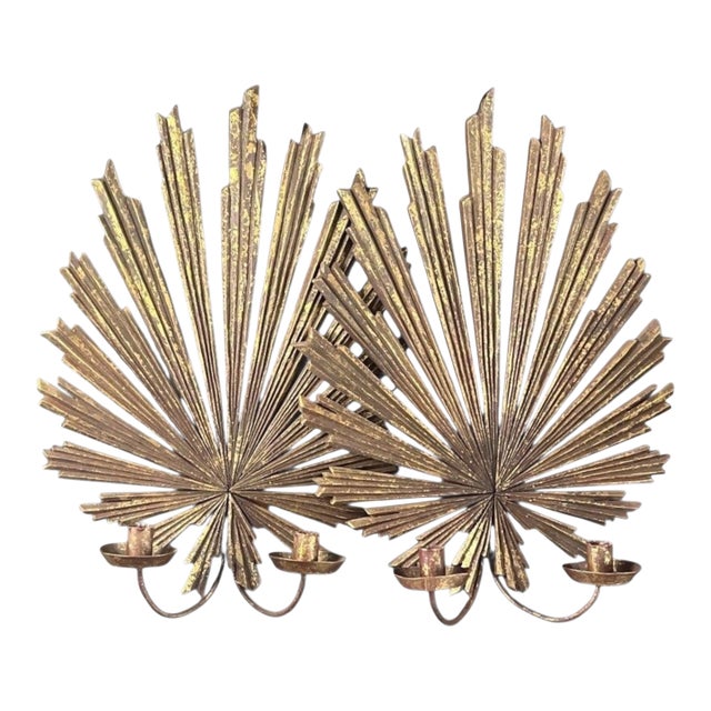 1970s A Pair of Wood Sunburst Form Wall Sconces For Sale