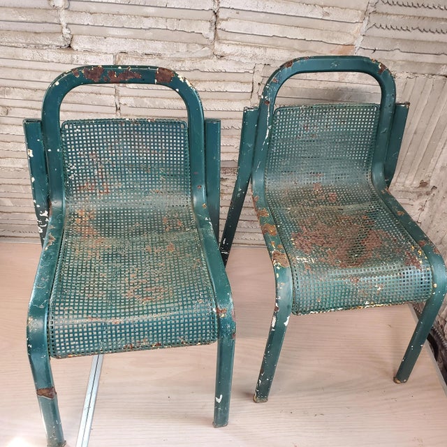 Mid-Century Modern Vintage 1970s Mid-Century Modern Children's Green Metal Garden Chairs - Set of 2 For Sale - Image 3 of 7