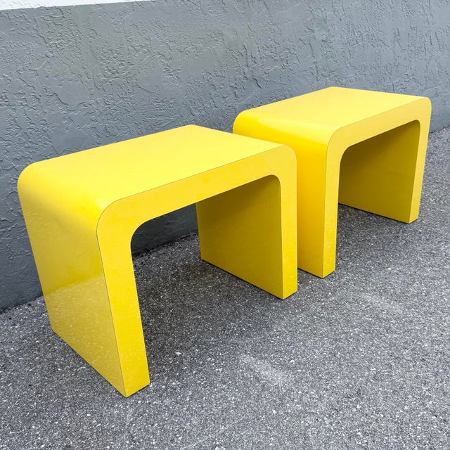 Postmodern Yellow Gloss Laminate Waterfall Side Tables - A Pair For Sale - Image 10 of 10