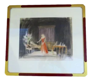 1970s Theater Scene Pencil Sketch Drawing, Framed