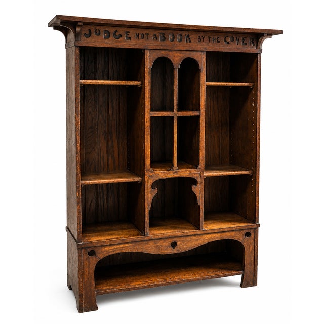 English Arts & Crafts Oak Bookcase by the Cover Motto, 1890s For Sale - Image 10 of 10