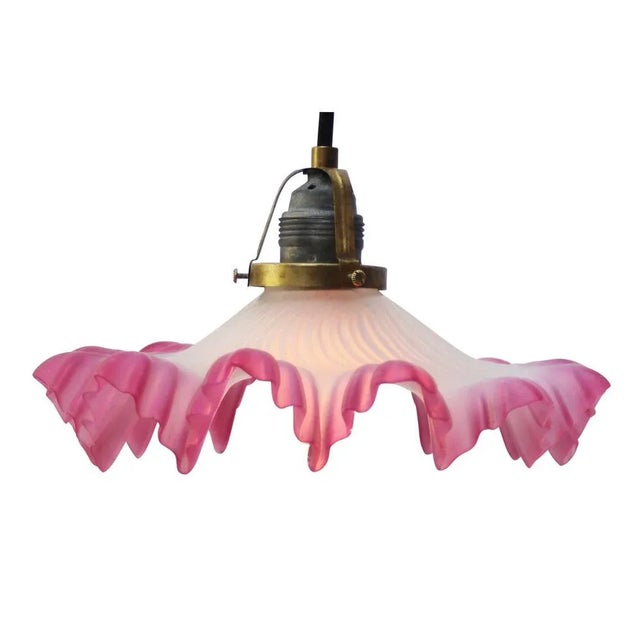 1920s Art Nouveau French Pink Frosted Glass Pendant Light, 1920s For Sale - Image 5 of 7