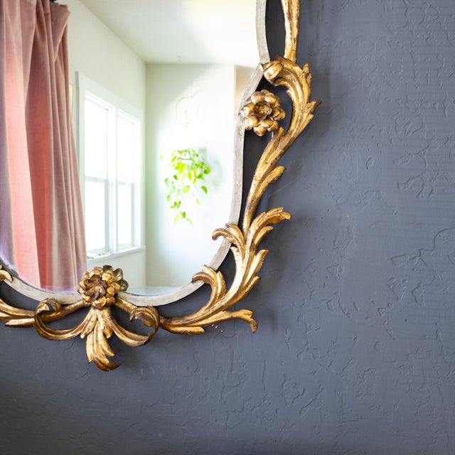 Metal 20th Century Oversized Gilded Gold Leaf Italian Toleware Mirror For Sale - Image 7 of 10