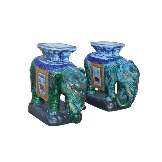 2000 - 2009 Pair Ceramic Handmade Chinese Green Blue Oriental Elephant Figures For Sale - Image 5 of 8