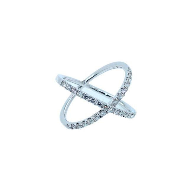 Brilliant Cut White Diamond X Criss Cross Pave Cocktail Fashion Open Bypass 14 Karat White Gold Unique Ring * 0.50 Carats...
