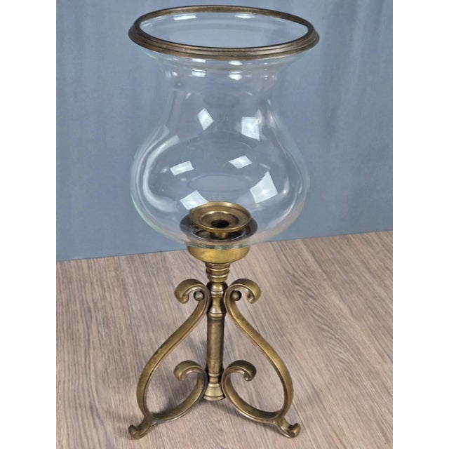 1990s 23.5" Castilian Imports Solid Brass Scroll & Glass Hurricane Candle Holder For Sale - Image 4 of 15