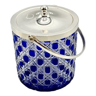 Mid-Century Modern Cobalt Blue Overlay Cut Crystal Biscuit Barrel with Silver-Plated Mount, 1950s For Sale