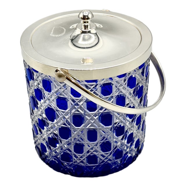 Mid-Century Modern Cobalt Blue Overlay Cut Crystal Biscuit Barrel with Silver-Plated Mount, 1950s For Sale