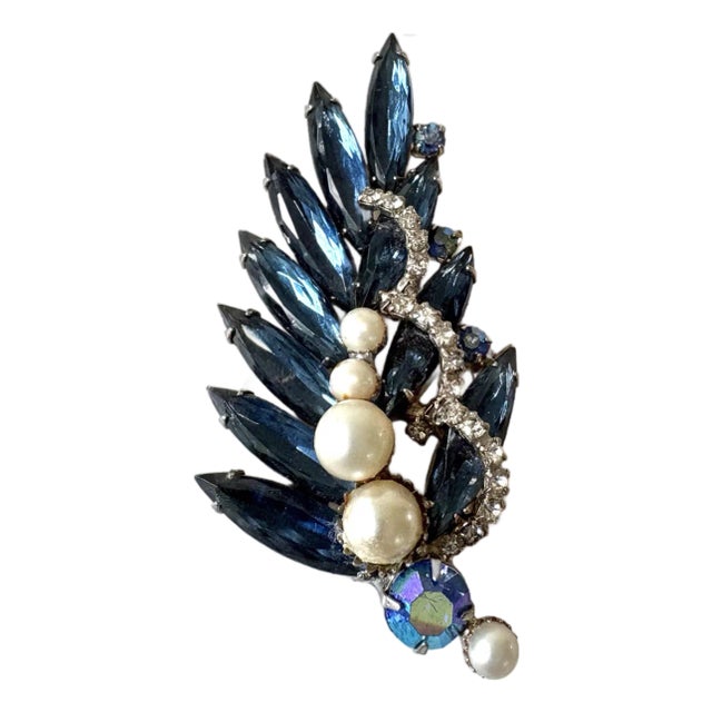 Vintage Blue Rhinestone Brooch For Sale