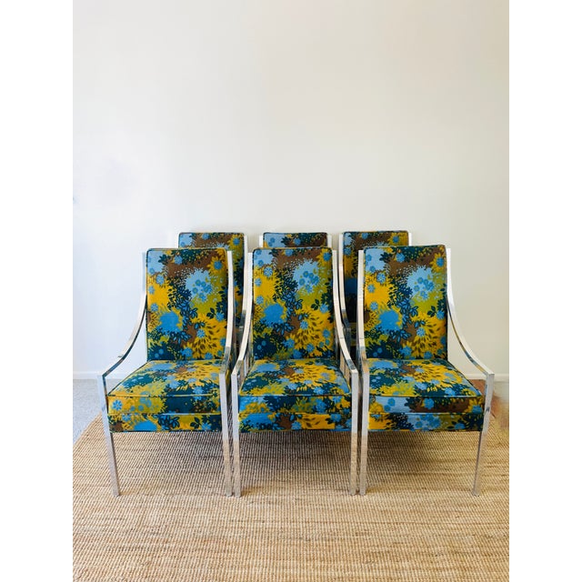 Metal Vintage 1970s Set of 6 Milo Baughman X Jack Lenor Larsen Floral Upholstered Dining Chairs Mid Century Modern For Sale - Image 7 of 10