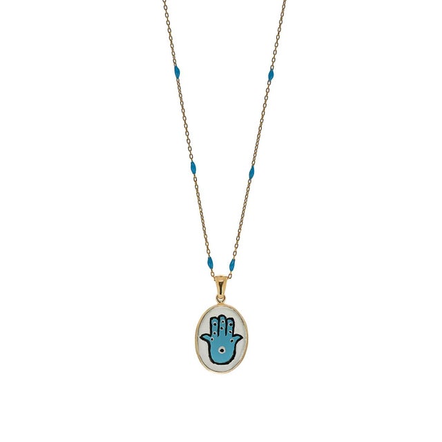 Hamsa Hand Good Fortune Turquoise Pendant Gold Chain Necklace For Sale In Miami - Image 6 of 7