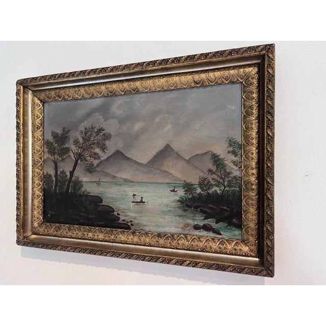 Wood Antique American Folk Art Mountain Lake Landscape Oil Painting on Artist’s Board, C. 1900 For Sale - Image 7 of 12