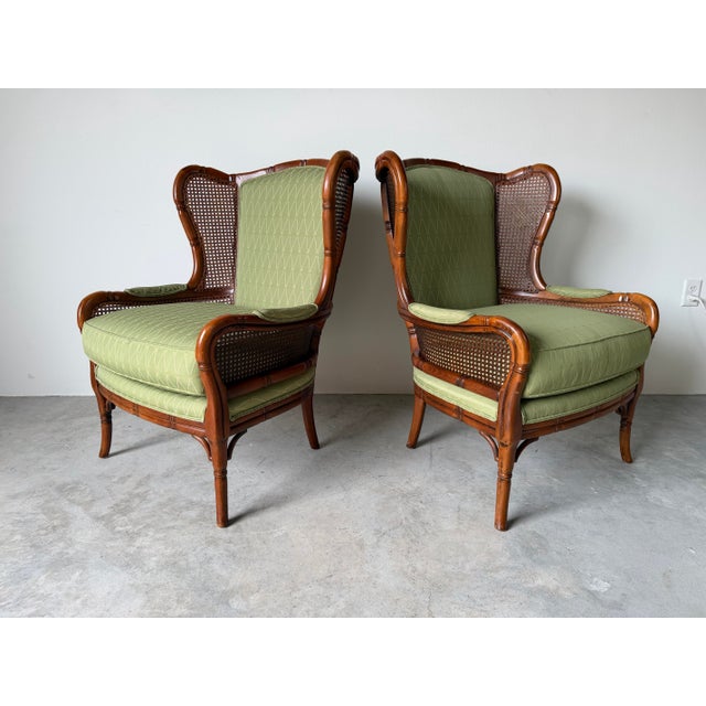 Brown Vintage Coastal Hollywood Regency Style Ethan Allen Faux Bamboo & Cane Wingback Bergère Chairs – A Pair For Sale - Image 8 of 12