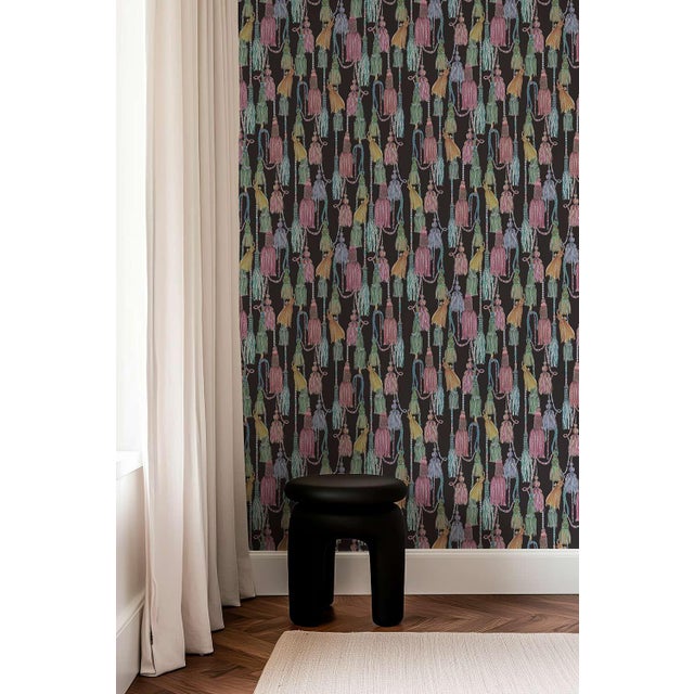Textile Tassel Trellis Grasscloth Wallpaper by House Party | Black Lacquer | 6 Yards For Sale - Image 7 of 7