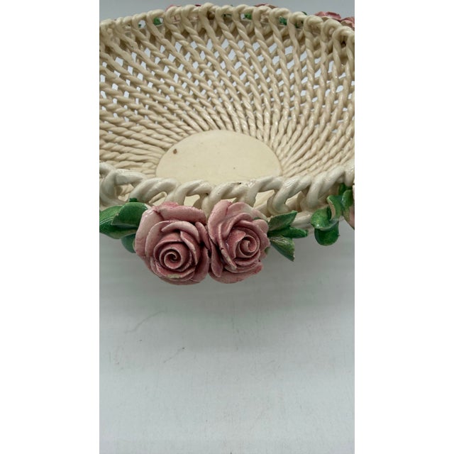 A Vintage Italian Capodimonte Woven Creamware Wedding Basket With Rose Decorations, Circa 1950's Made in Italy, circa...