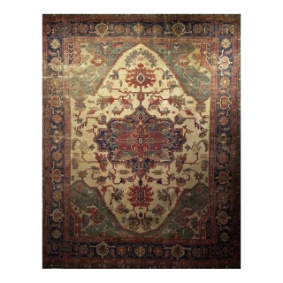 Late 19th-Century Heriz Serapi Rug, Handwoven, Pale Yellow & Green, 8' x 10' For Sale