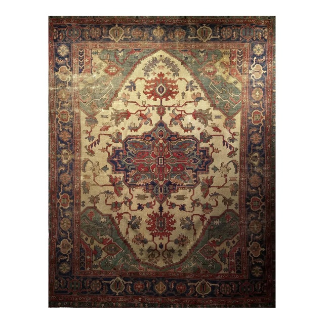 Late 19th-Century Heriz Serapi Rug, Handwoven, Pale Yellow & Green, 8' x 10' For Sale
