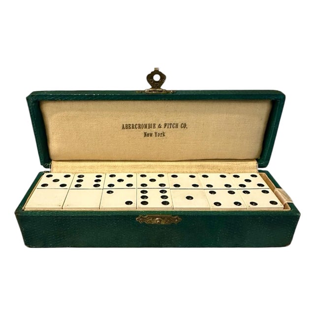 Vintage Abercrombie & Fitch Faux Ivory Domino Set in Green Case With Brass Clasp, Circa 1930 For Sale