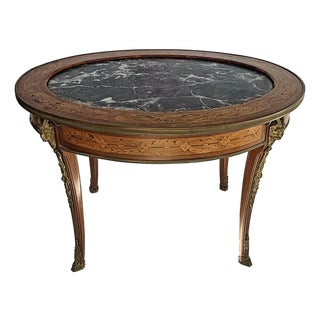 Antique Oval Inlayed Occasional Table With Inset Marble Top For Sale