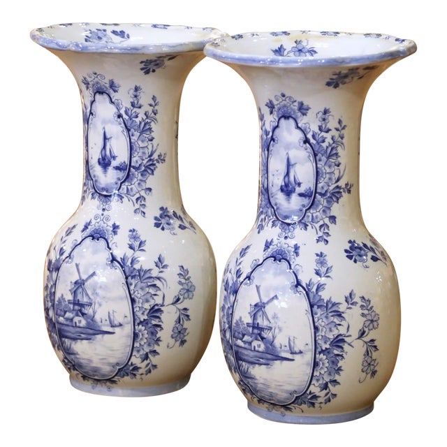 Pair of Early 20th Century Dutch Delft Faience Vases With Sailboats & Windmills For Sale