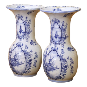 Pair of Early 20th Century Dutch Delft Faience Vases With Sailboats & Windmills