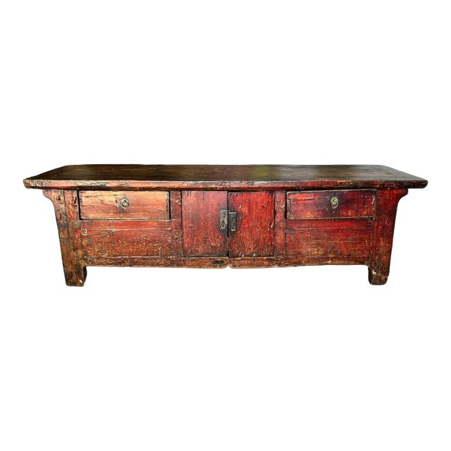 Chinese Antique Low Kang Cabinet in Traces of Original Patina of Red Lacquer For Sale
