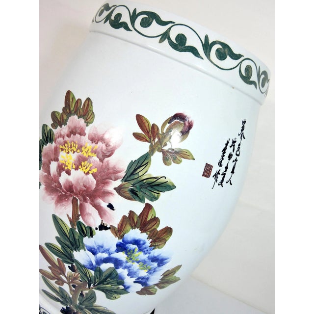 Vintage Chinese White Porcelain Garden (Drum) Stool With Green Bamboo, Pink & Blue Flowers, Side Table on Custom Rosewood Wood Display Stand For Sale - Image 9 of 11