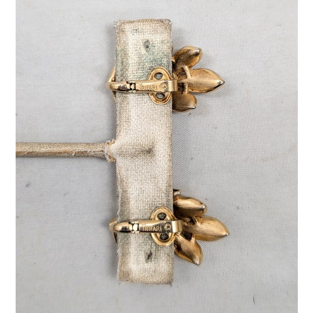 Metal Vintage 1966 Signed Crown Trifari Goldtone Leaves Clip Earrings -2 Pieces For Sale - Image 7 of 8