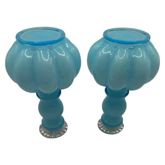 Vintage Blue Opalescent Glass Perfume Bottles With Melon-Ribbed Design by Fenton Art Glass Company - A Pair For Sale - Image 11 of 12