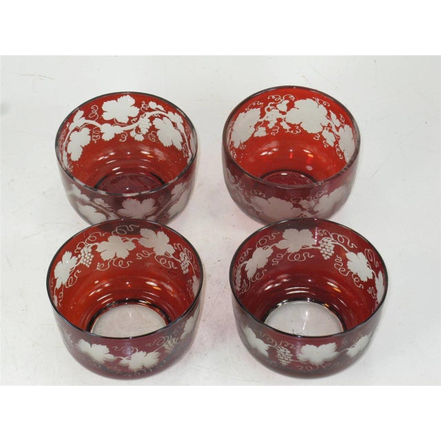 Early 20th Century Antique Bowls Ruby Bohemian Glass Red Flashed Engraved Copper Wheel Grape Leaf - Set of 4 For Sale - Image 5 of 12